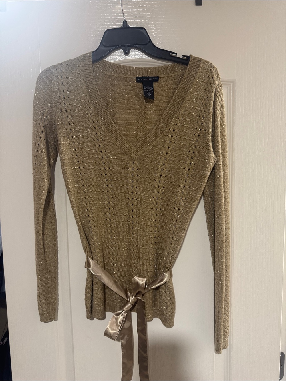 New York & Company Shimmery Tan/Cream V-Neck Sweater with Satin Waist Tie - Picture 3 of 5